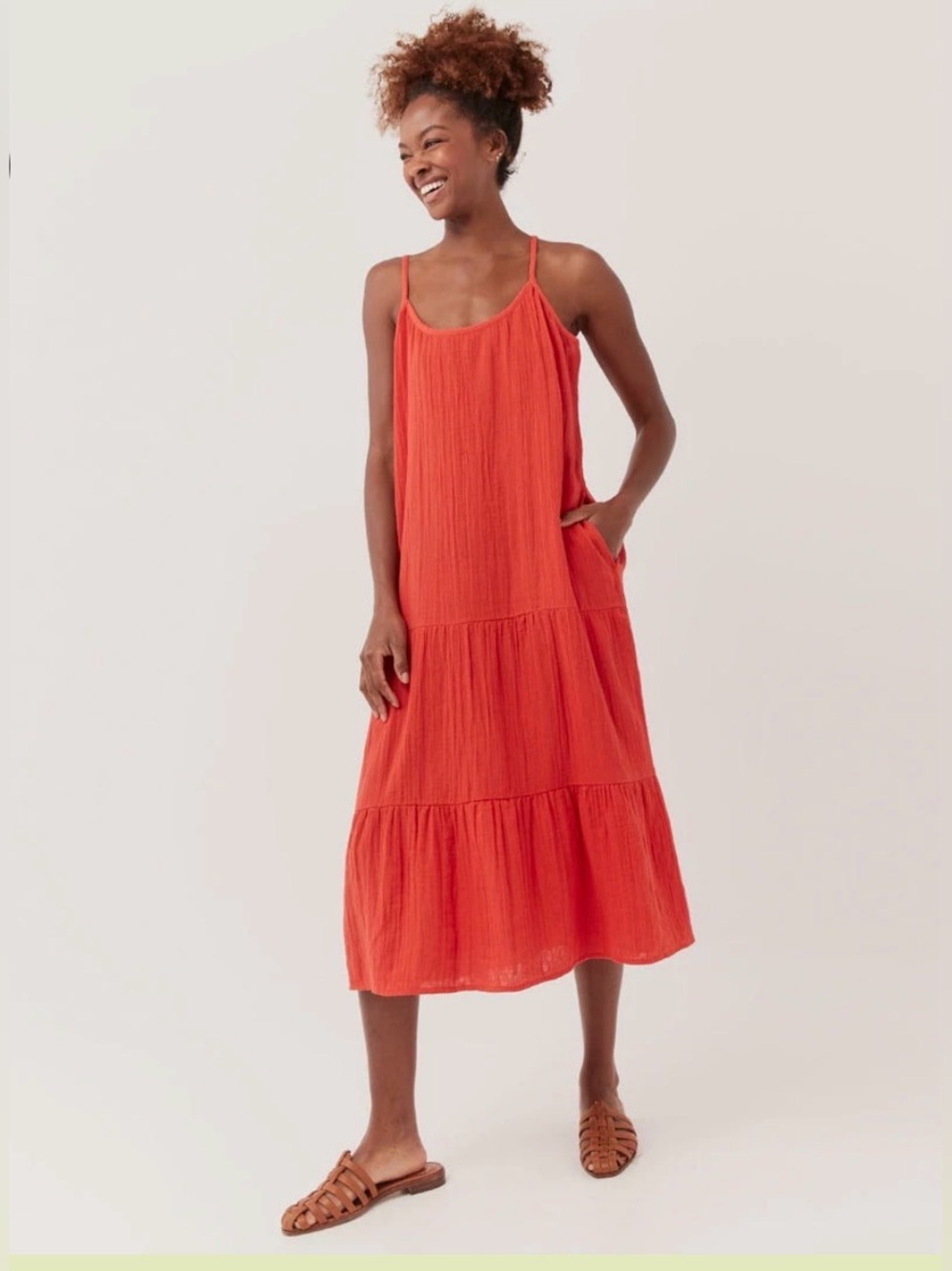 Pact Coastal Cami 100% Organic Cotton Midi Sleeveless Tier Dress in Coral XXL